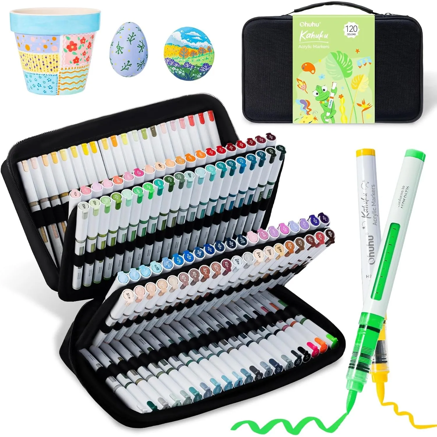 Ohuhu Acrylstifte mit Pinselspitze 120 Farben – Auto-Tintenregulierung, Hochdeckende Acrylic Markers, Wasserfest & Lich…