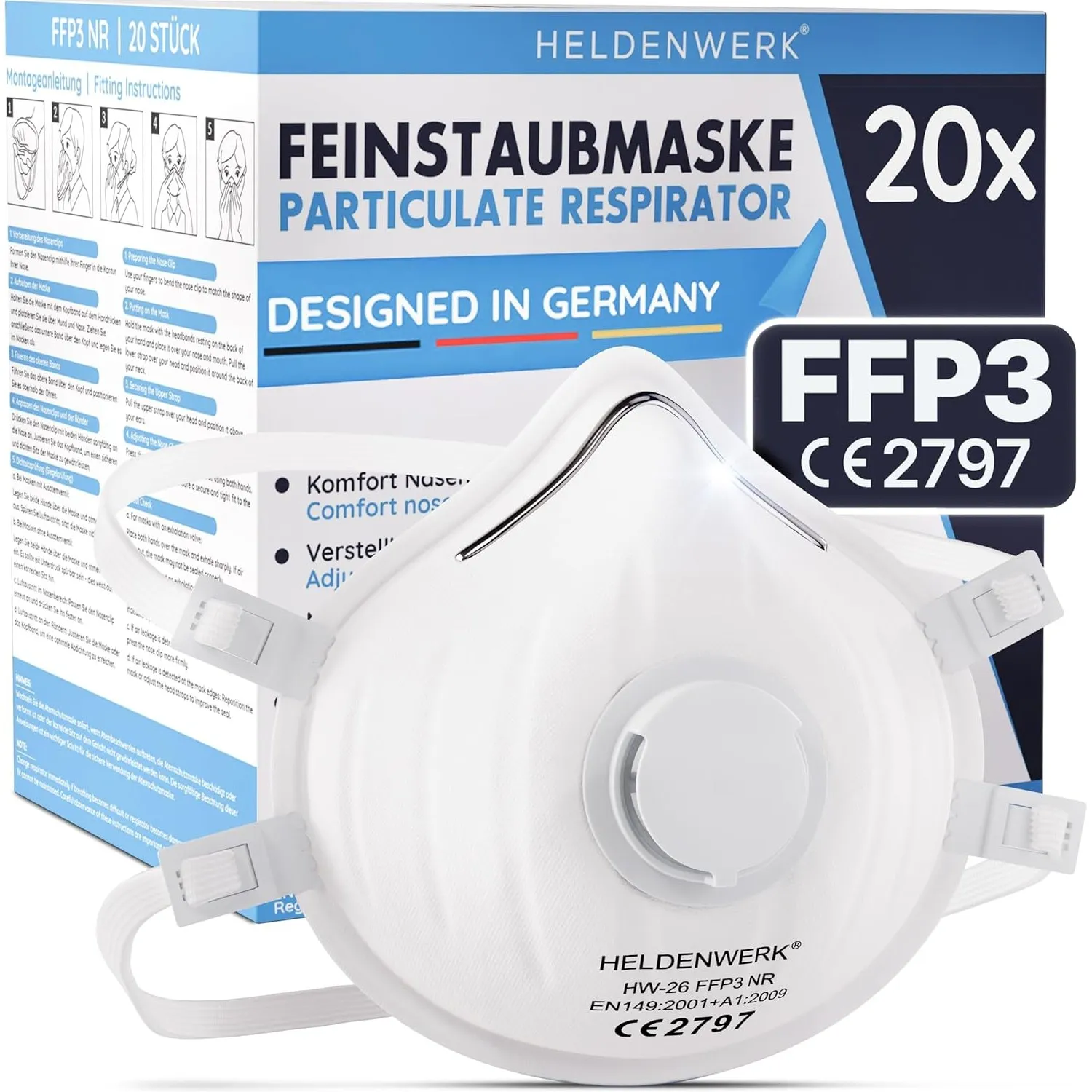 HELDENWERK® FFP3 Maske mit Ventil – 5er, 10er oder 20er Set – Atemschutzmaske/Staubschutzmaske zertifiziert Ausatemvent…