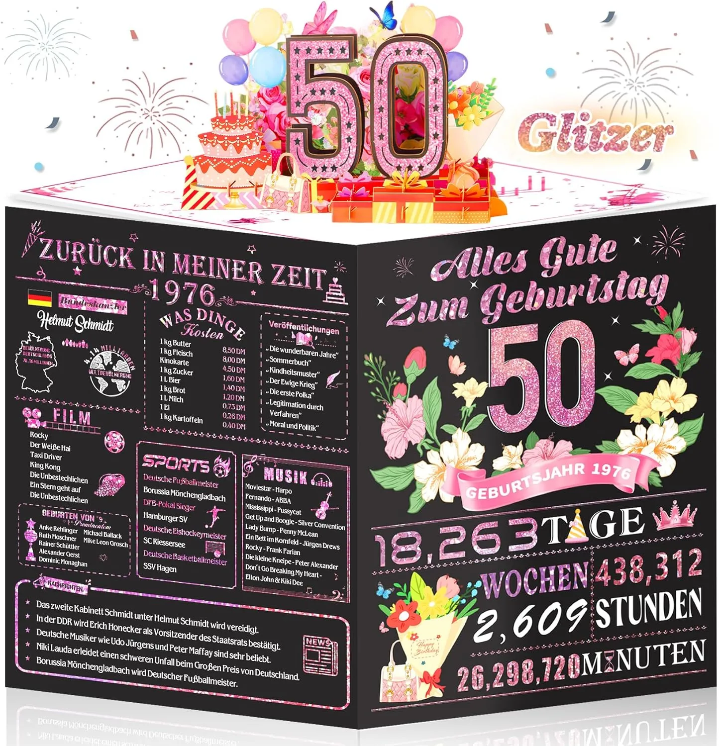 Geburtstagskarte 50 | 3D Pop Up Karte Geschenke Zum 50 Geburtstag für Frau, Back in 1976 Lustige Deko 50. Geburtstag Fü…