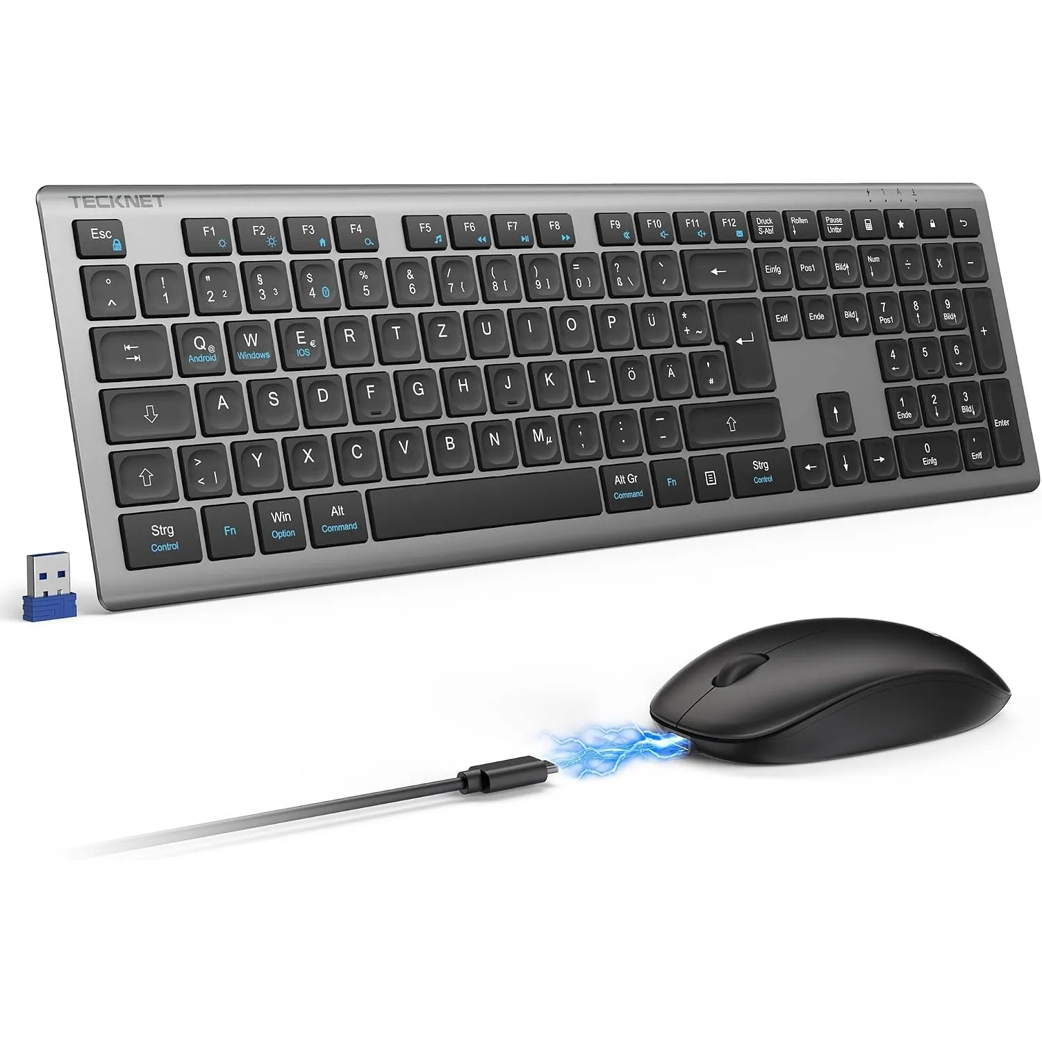 TECKNET Tastatur Maus Set Kabellos, 2.4G Wiederaufladbare Maus und Tastatur