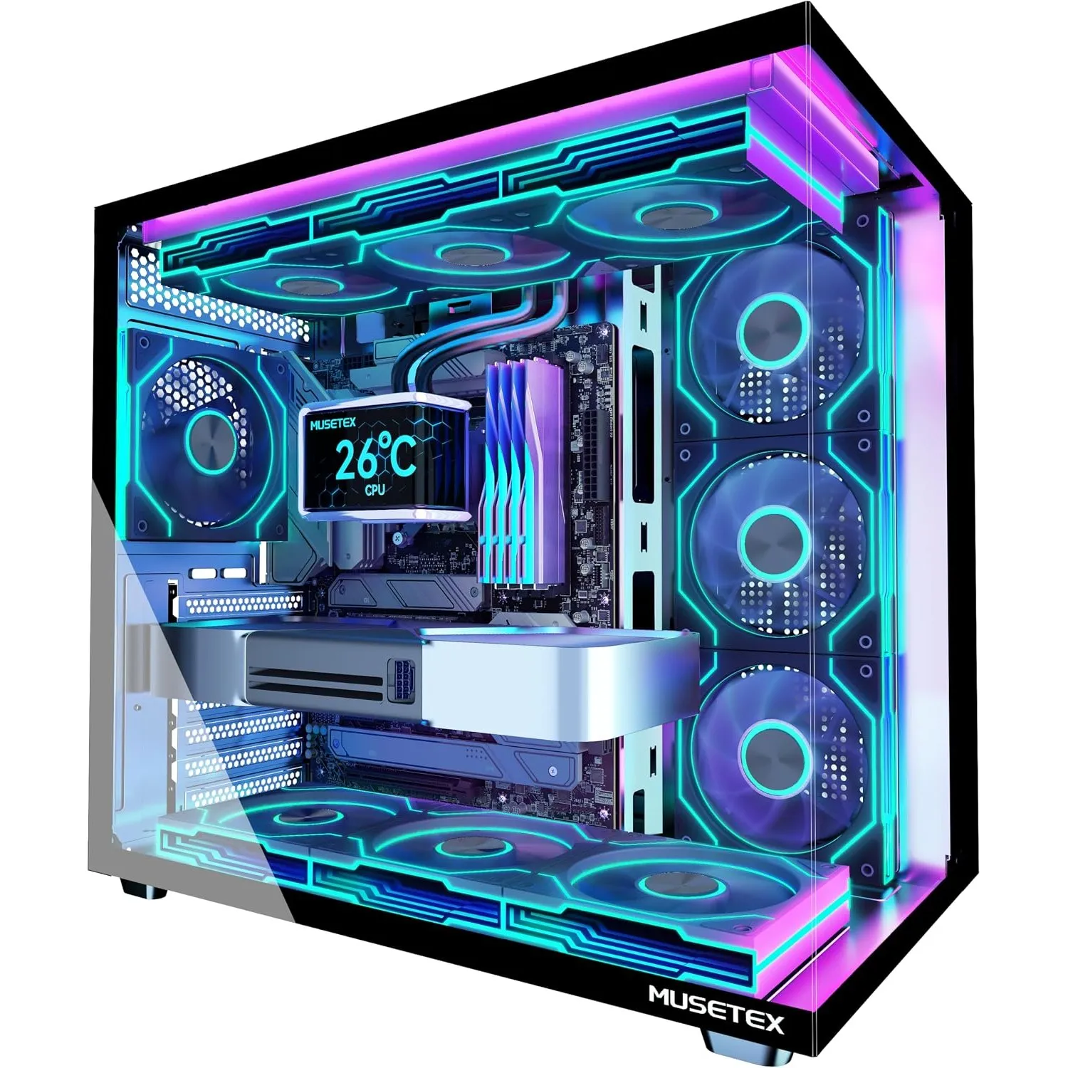 MUSETEX Y6 PC Gehäuse Vorinstallation 7 Infinity Mirror PWM ARGB-Lüfter, ATX Mid Tower Computer Gehäuse, Gaming PC Gehä…