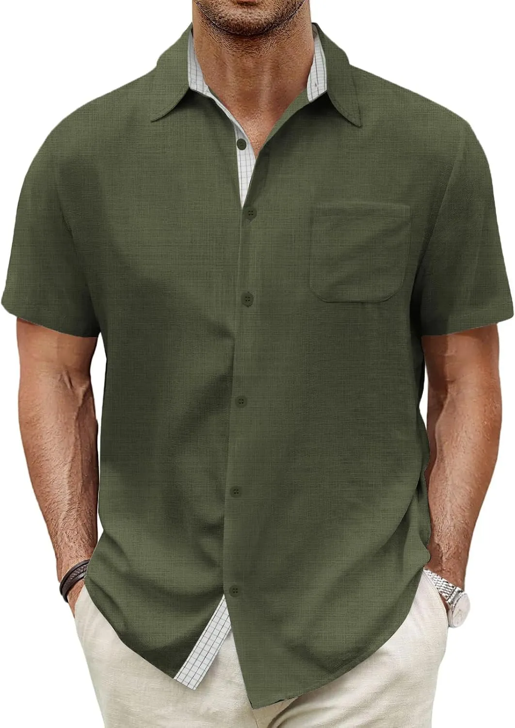 HMIYA Men's Short Sleeve Shirt 100% Cotton Button Down Casual Shirts Summer Beach Regular Fit Shirt