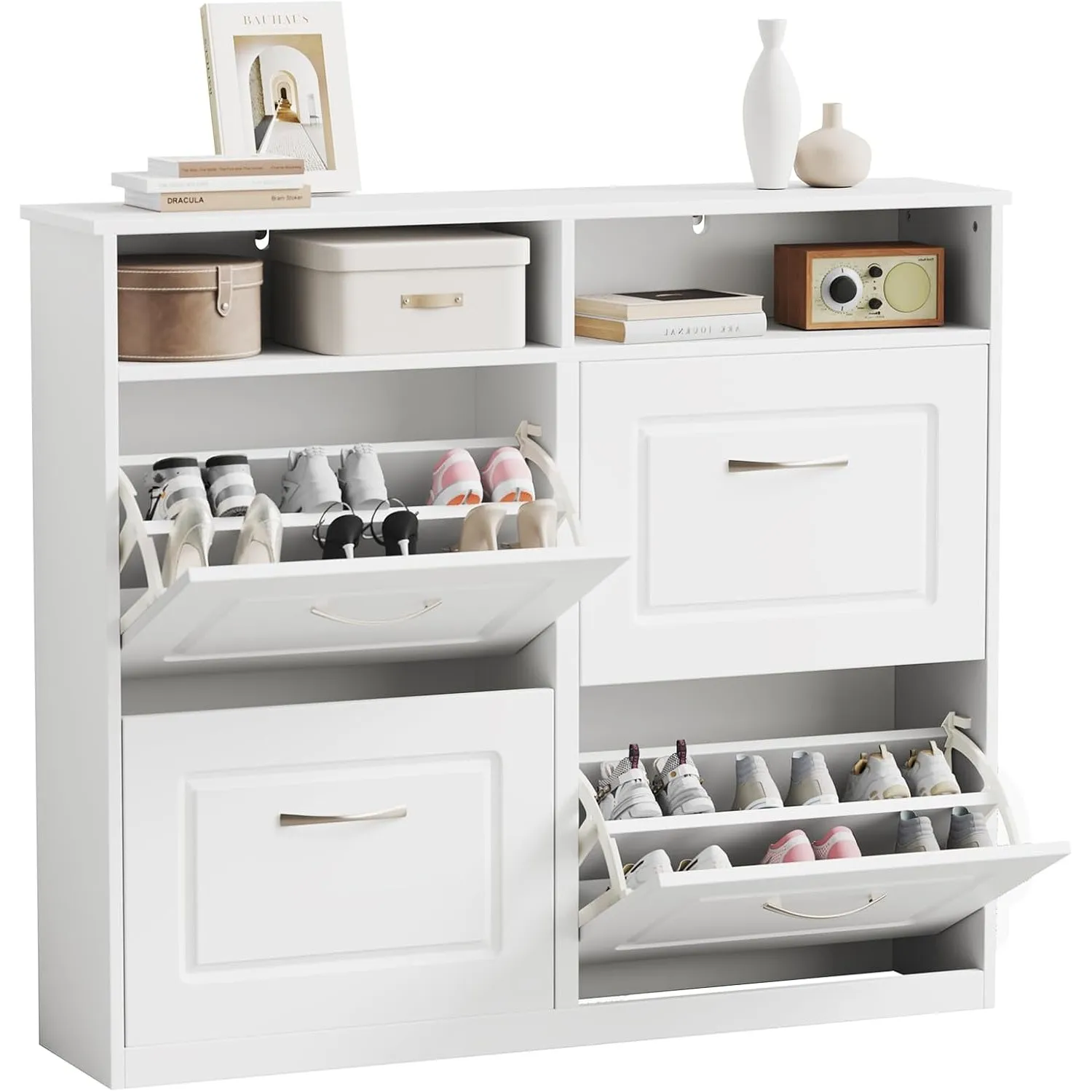 Sweetcrispy Schuhschrank mit 4 Klappen, 104 x 90 x 24 cm,Weiß