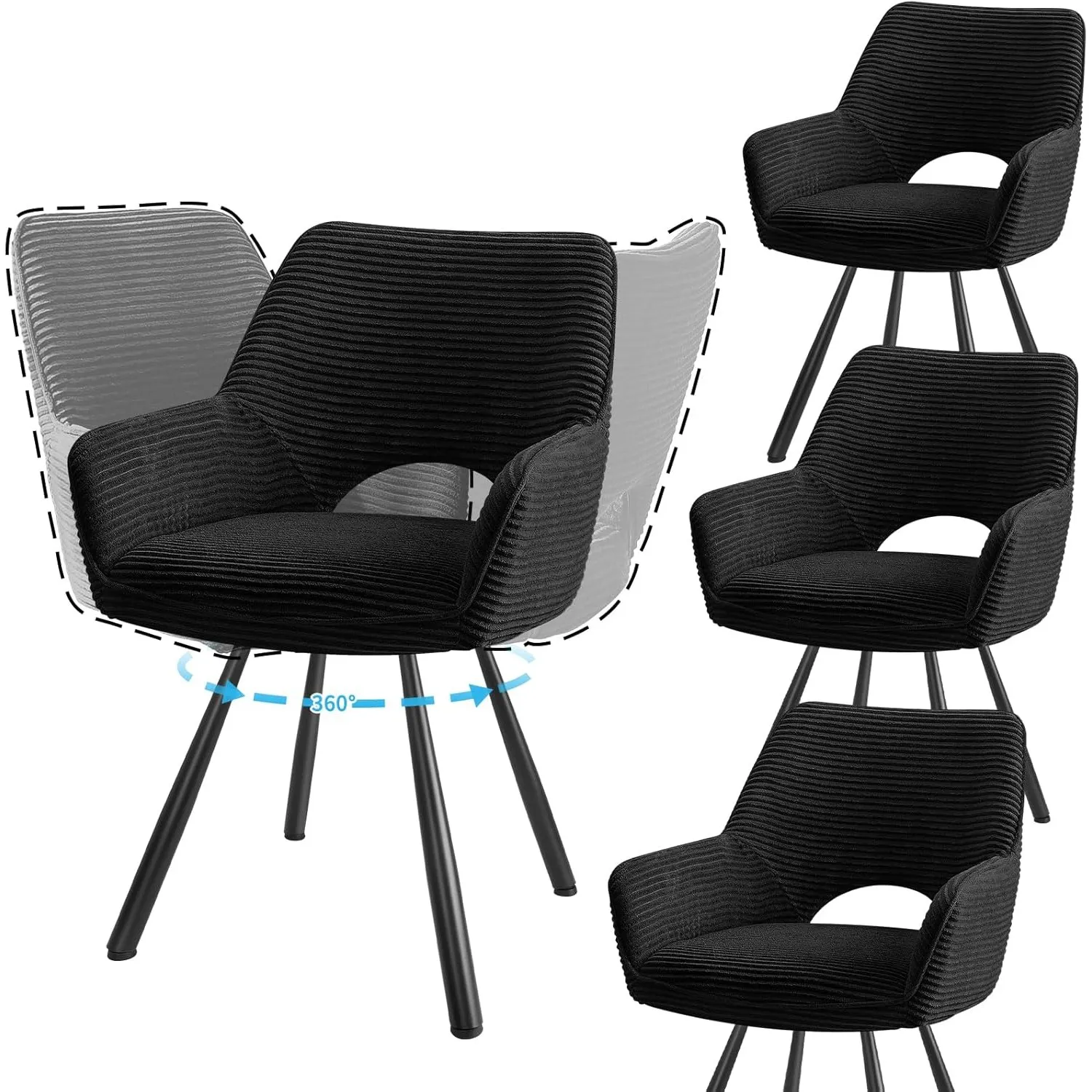 JIJIAN 4er Set 360° Drehbare Esszimmerstühle mit Armlehnen, Schwarz | Drehbar Stühle Esszimmer mit Metallbeinen, Modern…