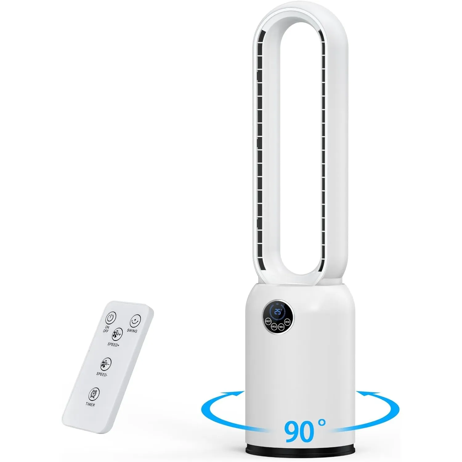 Turmventilator ohne Flügel 88cm – geräuschloser Standventilator mit 55W Motor, LED-Touchscreen & Fernbedienung, 12-Stun…