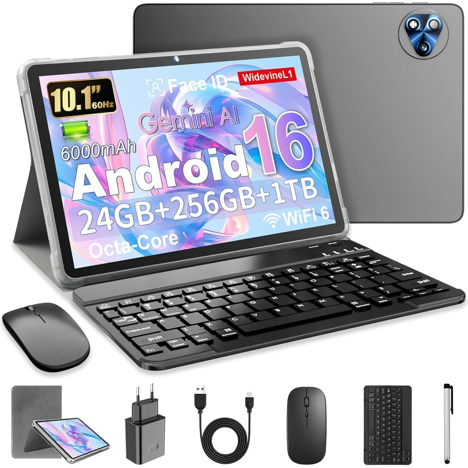 Android 16 Tablet 10 Zoll mit Gemini AI, Tablet mit Tastatur, Maus & Stylus, Octa-Core, 24 GB RAM + 256 GB ROM + 1 TB T…