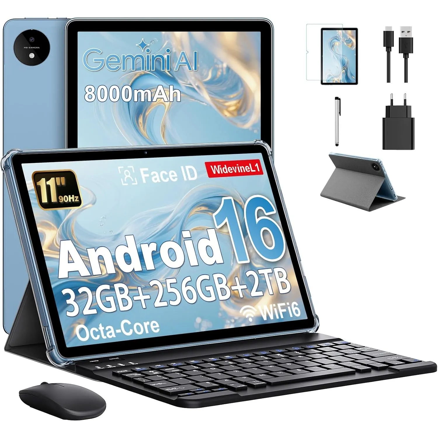 Tablet 11 Zoll mit Gemini AI, Android 16 Tablet mit Hülle, Maus & Tastatur, Octa-Core, 32 GB RAM + 256 GB ROM + 2 TB TF…