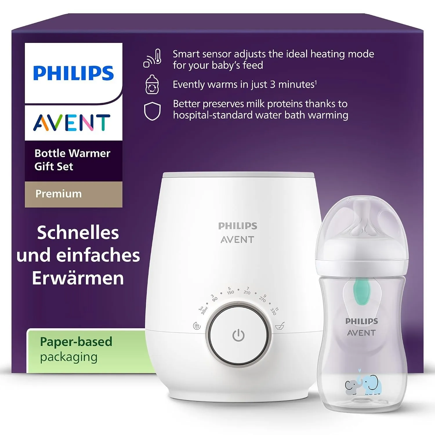 Philips Avent Flaschenwärmer Geschenkset – Schneller Premium-Flaschenwärmer und Natural Response Babyflasche, intellige…