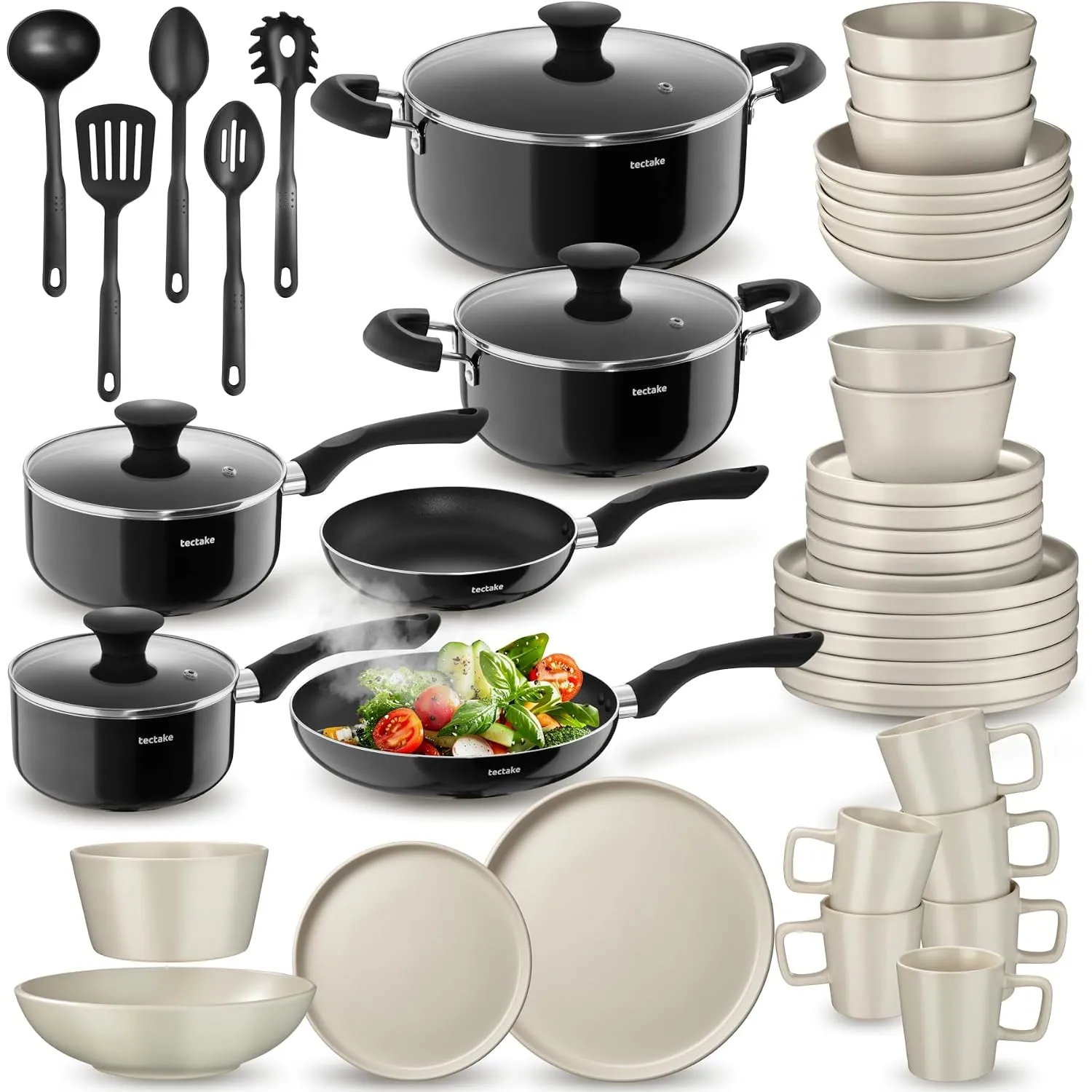 tectake® Küchenstarterset 6 Personen, Steingut Geschirr Set, Teller, 4 Töpfe 2 Pfannen rostfreies Aluminium, Kochtopf S…