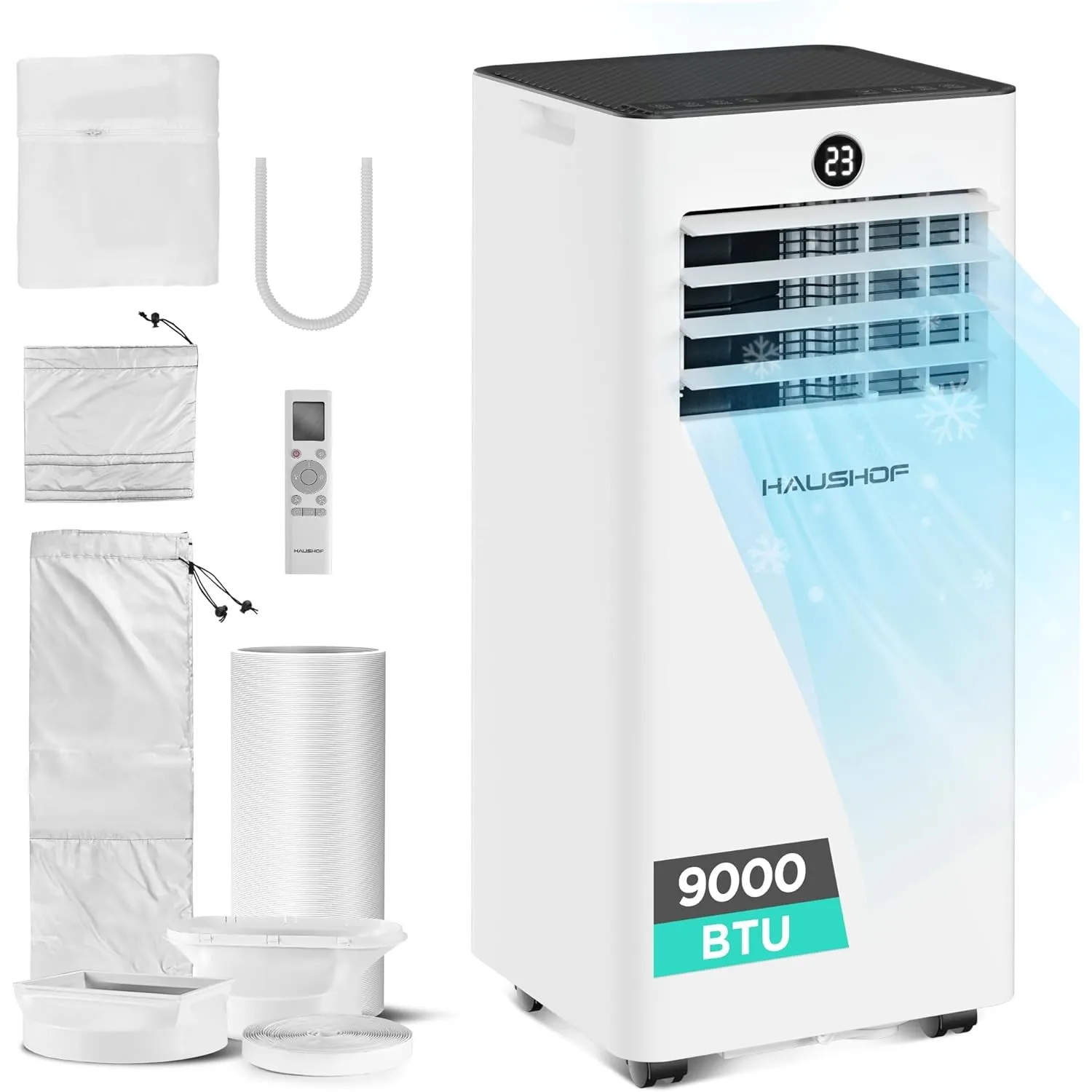 HAUSHOF Mobile Klimaanlage 9000 BTU, 4-in-1 Klimagerät mit Abluftschlauch, Kühlen/Entfeuchten/Ventilieren/Nachtmodus, 3…