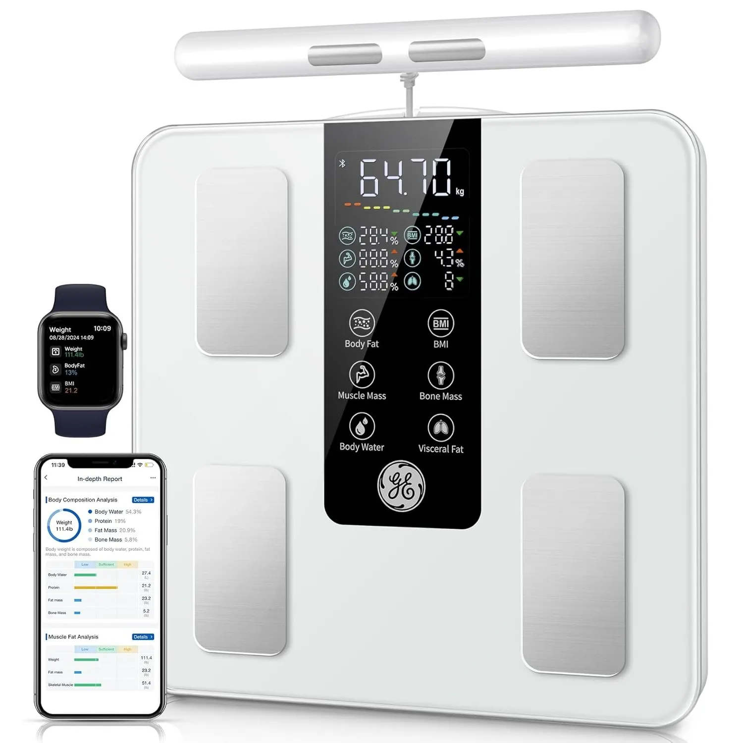 GE Körperfettwaage mit Handsensoren Smart, 50 Körperwerten Body Fat 180 kg | 8-Elektroden Digitale Waage mit Körperfett…