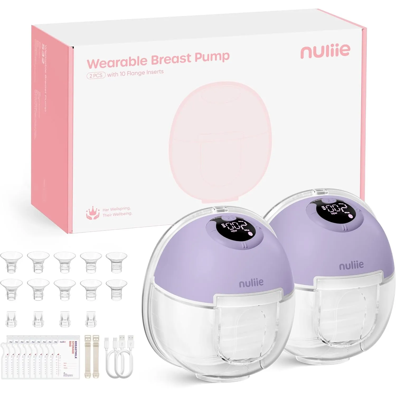 Nuliie Milchpumpe Elektrisch tragbare S32 (2 Packs, Violet) | Freihändig, 4 Modi, 9 Stufen, mit 13/15/17/19/21/24 mm Ko…