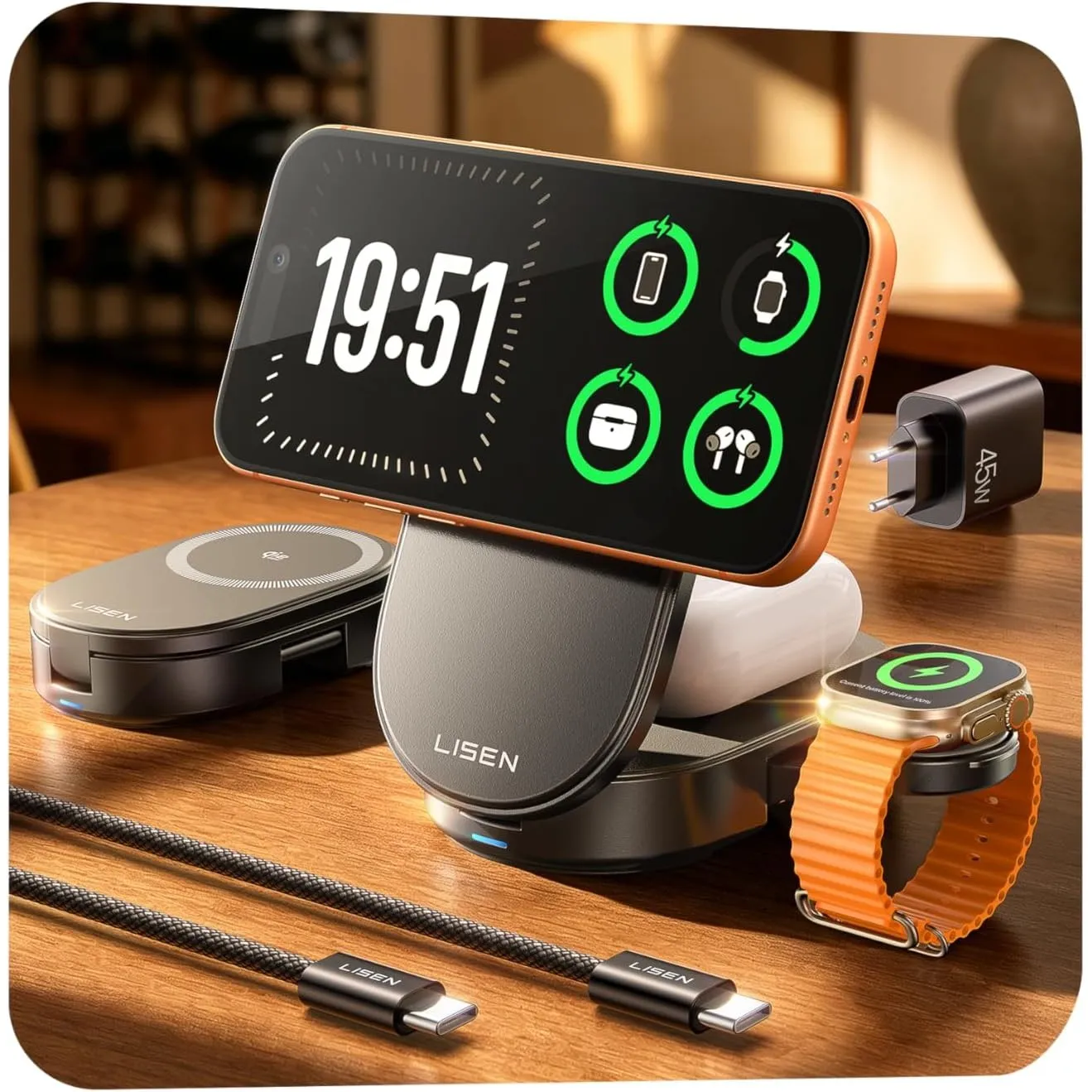 LISEN 3 in 1 Ladestation Apple,【25W & Qi2.2 Schnellladen】 Faltbares Design, Gute Kühlleistung, Laden Mehrerer Geräte, M…