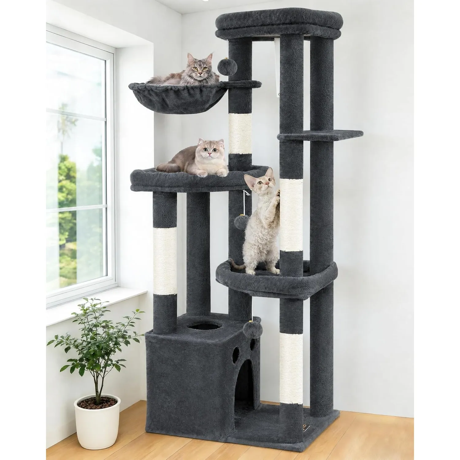 Kratzbaum Groß, Kratzbaum Grosse Katzen Stabil 170 cm hoch - Katzenbaum XL, Mehrstöckiger Katzenbaum Grau mit 4 Kratzsä…