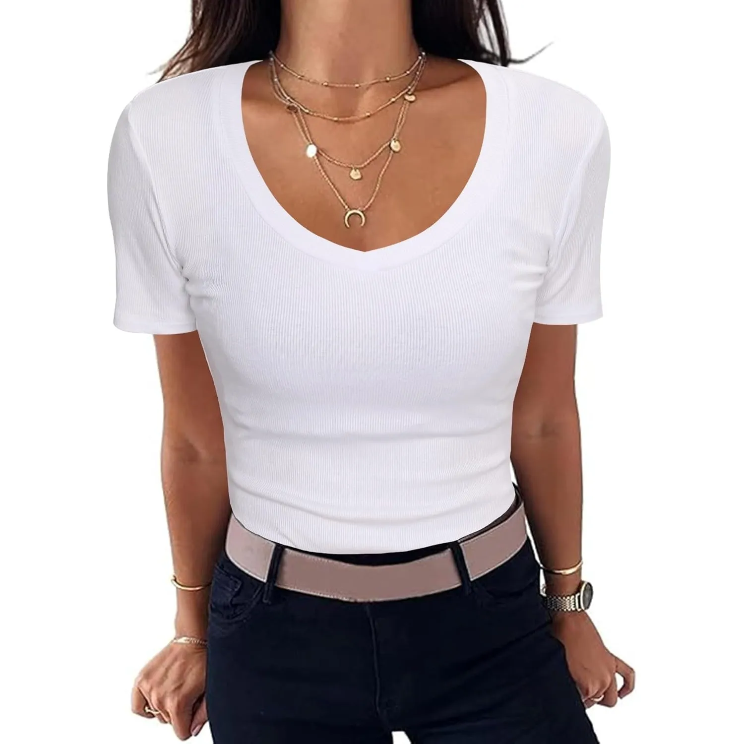 Aottori Damen T-Shirt V-Ausschnitt Elegant Oberteile Kurzarm Gerippt Basic Tee Shirts Slim Fit Tshirt Stretch Casual So…