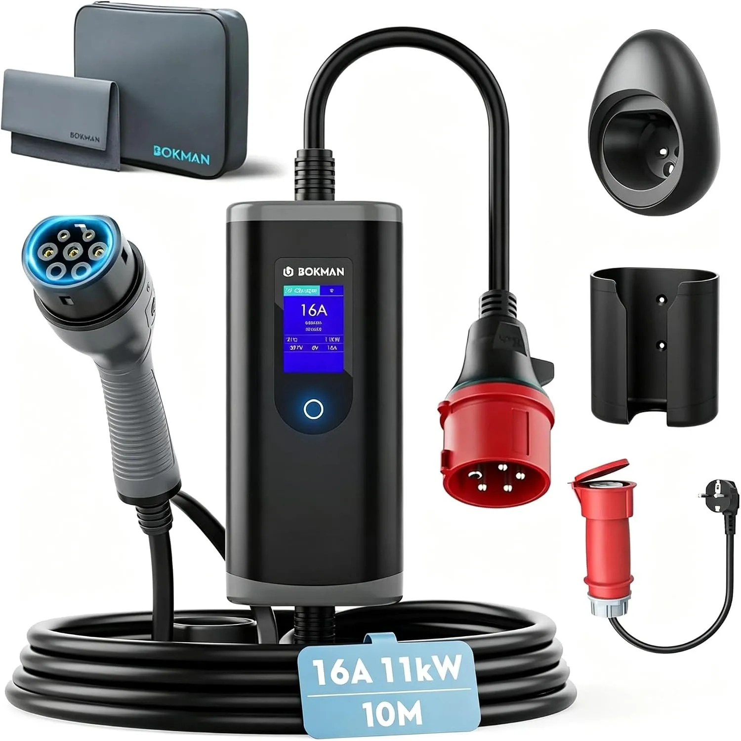 bokman Typ 2 Ladekabel mit CEE Stecker & Adapterkabel 11kW 10 Meter | Mobile Wallbox 16A, 3-Phasig, IP65 Wasserdicht, T…