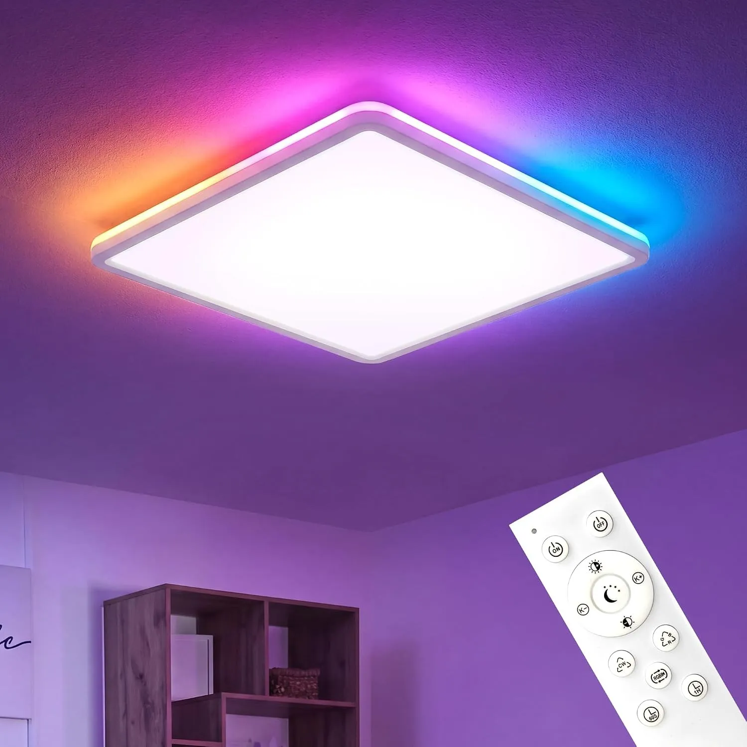 LED Deckenleuchte RGB mit Fernbedienung – 24W Dimmbar Deckenlampe Eckig mit Farbwechsel Hintergrundlicht - Wasserdicht …