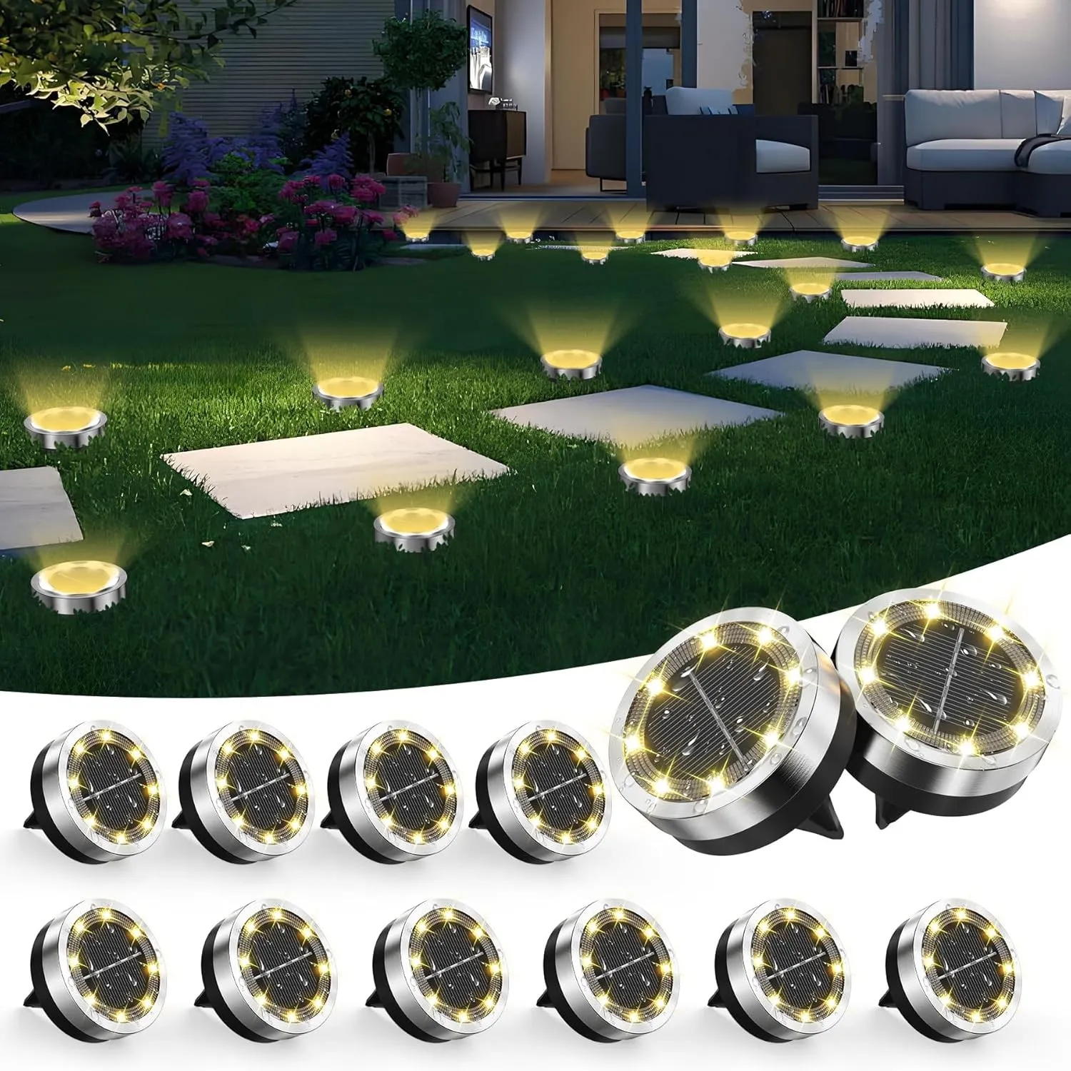12 Stück Solar Bodenleuchten Aussen - 8 LED Warmweiß Solarlampen für Außen Garten, IP65 Wasserdicht Solarleuchten Garte…