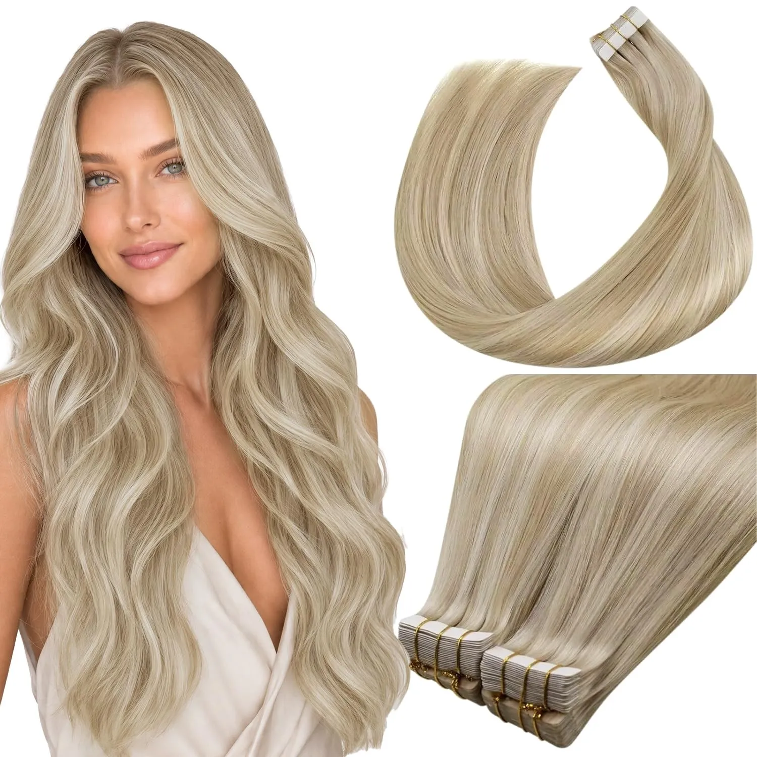 LaaVoo Invisible Tape in Extensions Echthaar Blond 50cm Extensions Tape Echthaar Goldblond Highlighted Mittelblond Tape…
