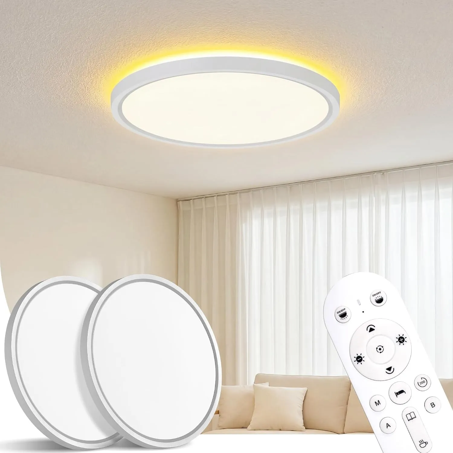 2ER LED Deckenleuchte Dimmbar Flach mit Fernbedienung - 30W Deckenlampe mit Hintergrundlicht Warmweiß Nachtlicht für Sc…