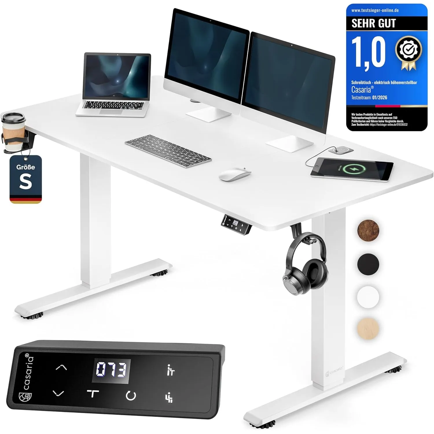 Casaria® Höhenverstellbarer Schreibtisch elektrisch 120 x 60 cm mit Wireless Charger & USB-C/A Anschluss LCD-Display Me…