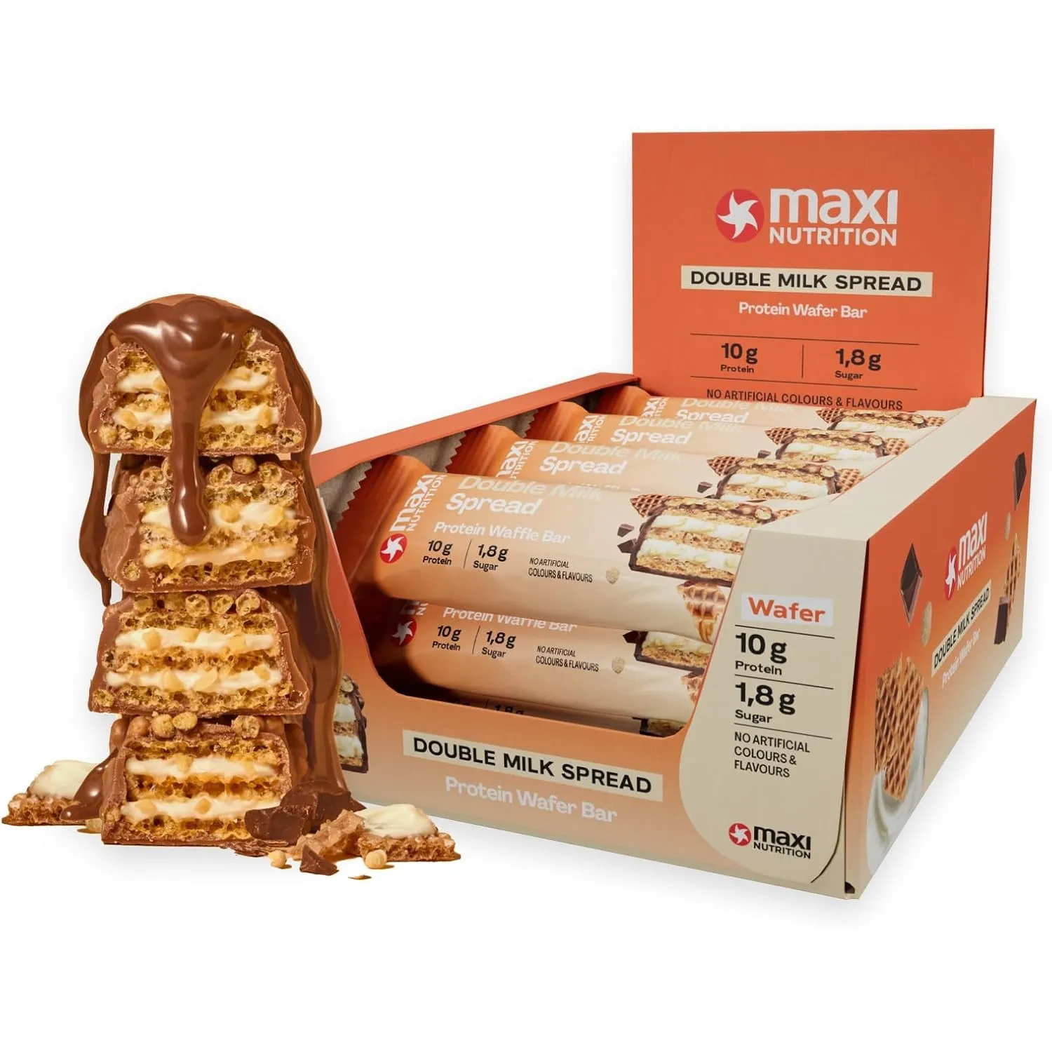 MaxiNutrition Double Milk Spread Protein Waffle Bar, 26% Eiweiß, 191 kcal, (12 Eiweißriegel x 39g), Ohne Zuckerzusatz