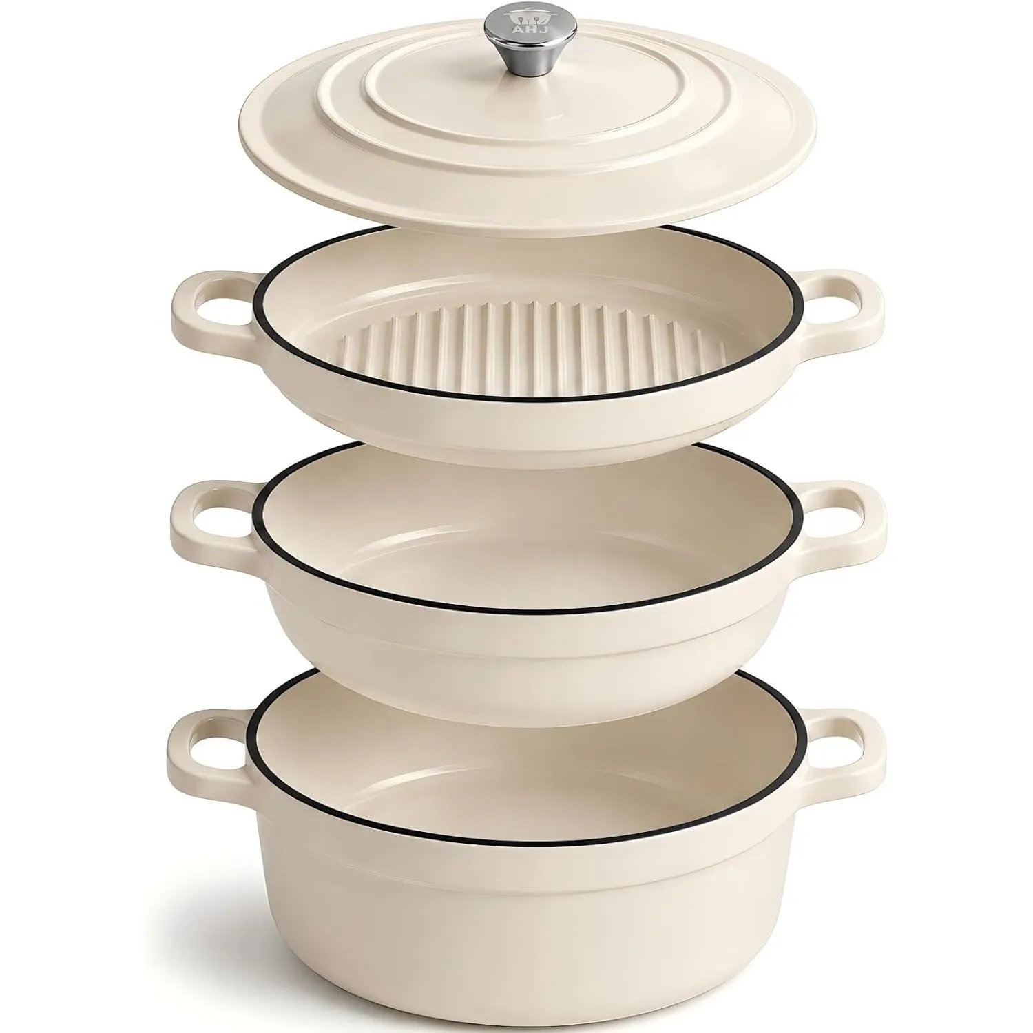 AHJ Gusseisen Topfset Emailliert, 4-teilig Dutch Oven,Induktion, 25cm,Weiß