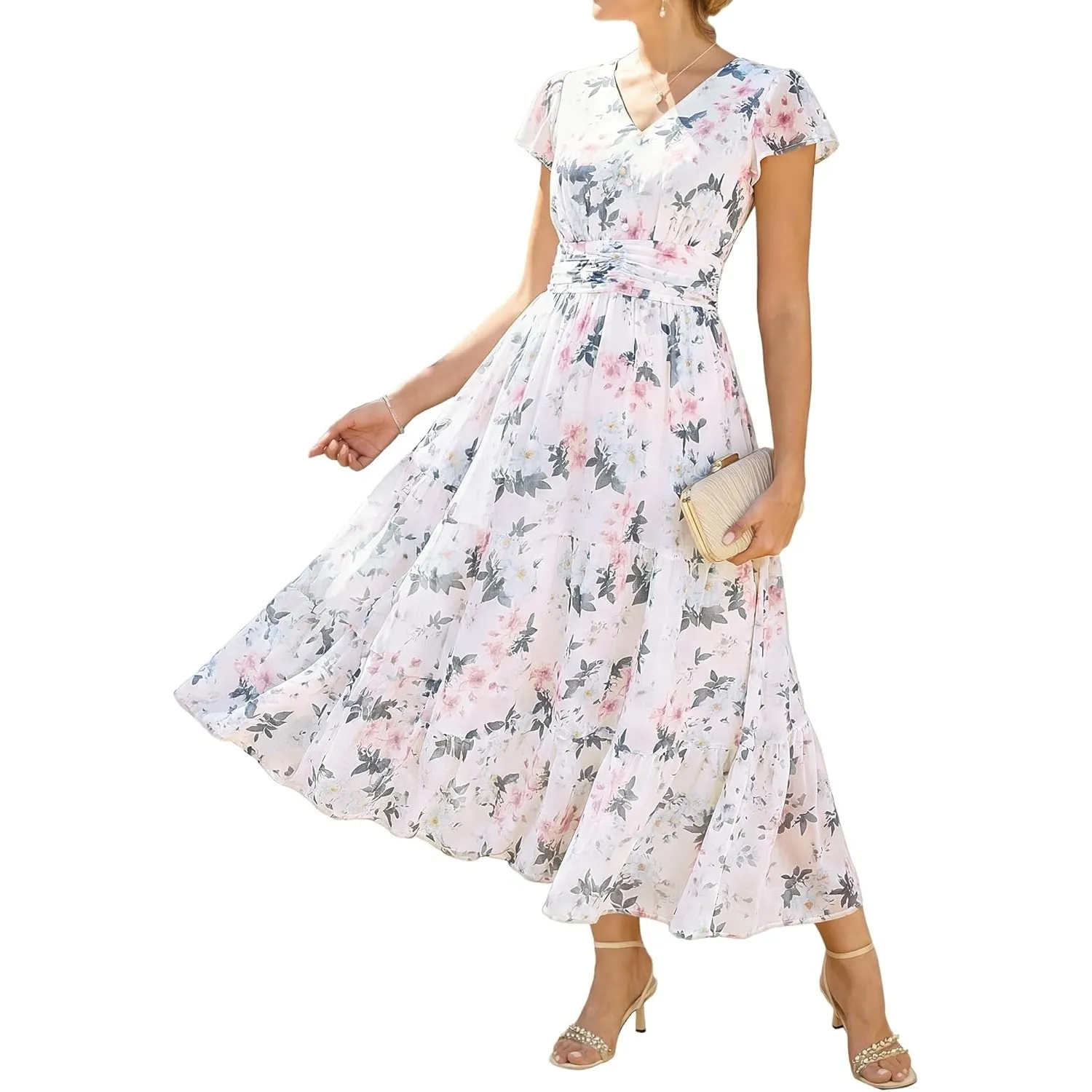 GRACE KARIN Damen Rüschenärmel V-Ausschnitt Midikleid A-Linie Blume Sommerkleid Mit Taschen
