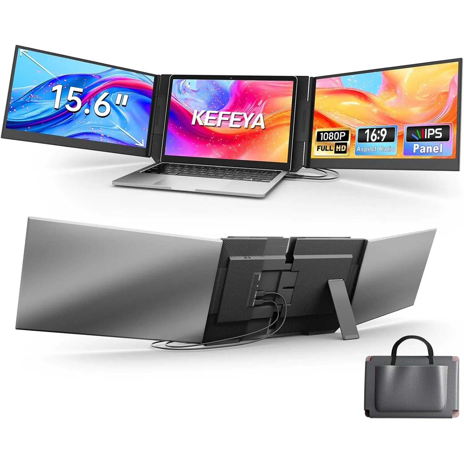 KEFEYA 15,6" Laptop Bildschirm Extender FHD 1080P IPS Triple Portable Monitor Erweiterung HDMI, USB-A, Type-C Plug-Play…