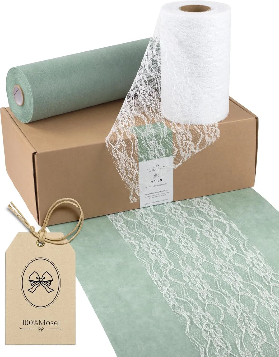 100%Mosel Tischläufer Set Eukalyptusgrün & Weiß – Vlies Tischläufer (30 cm x 25 m) & Spitzenband (15 cm x 25 m), 2 Roll…