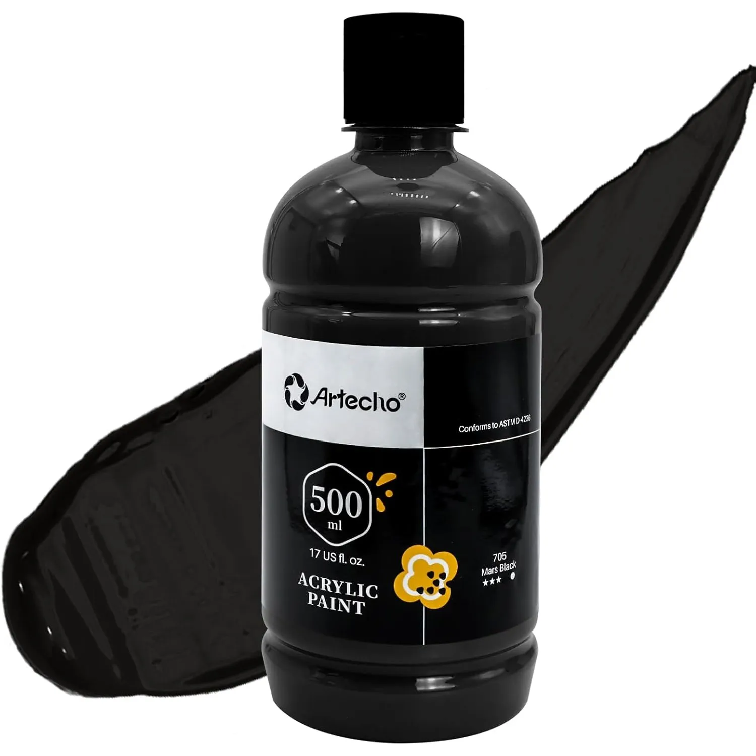 Artecho Marsschwarz Acrylfarbe Große Flasche 500ml / 17oz, Bastelfarbe für Leinwand, Steine, Holz, Stoff, Keramik, Ungi…