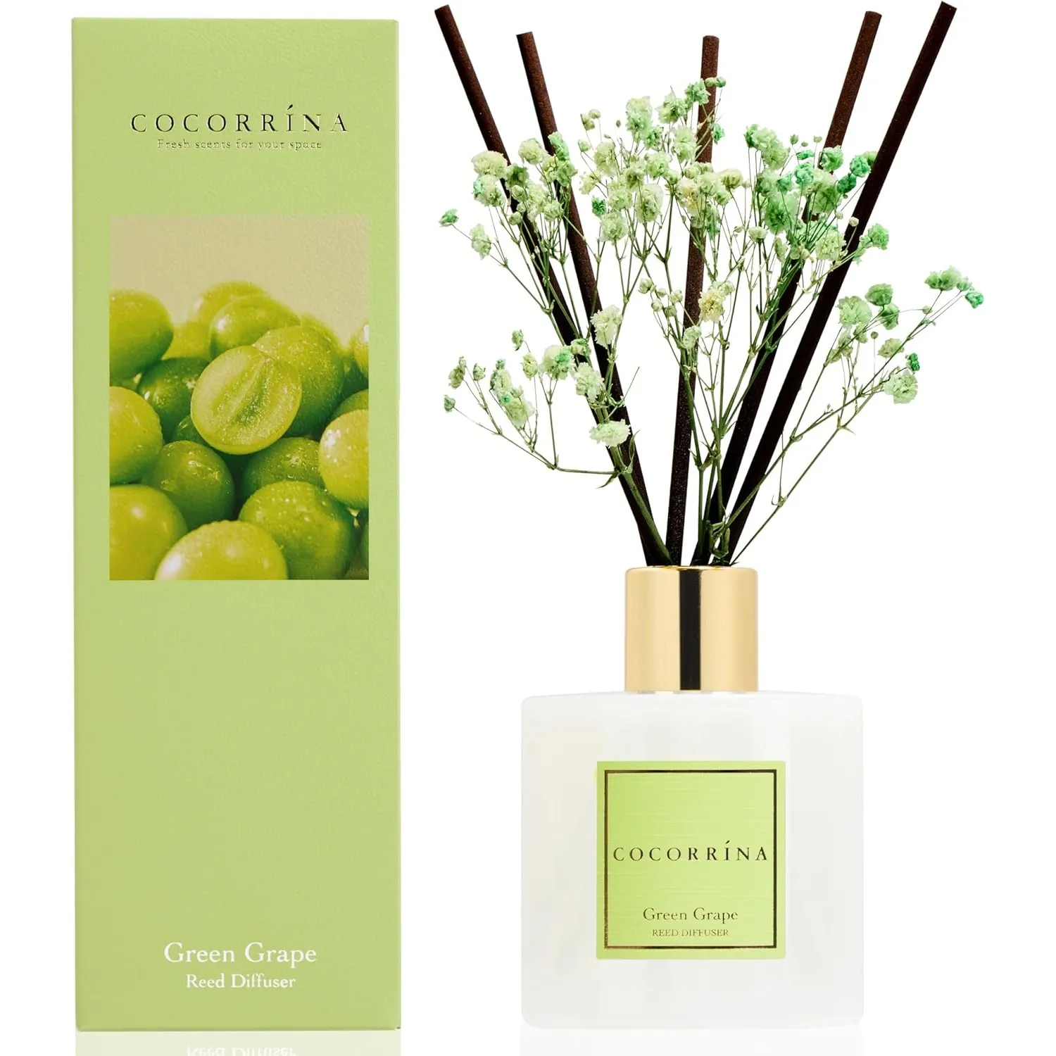 COCORRÍNA Raumduft Reed Diffuser mit 8 Duftstäbchen 200ml, Green Grape, Natürlich, Langanhaltend, Home Duft ätherisches…