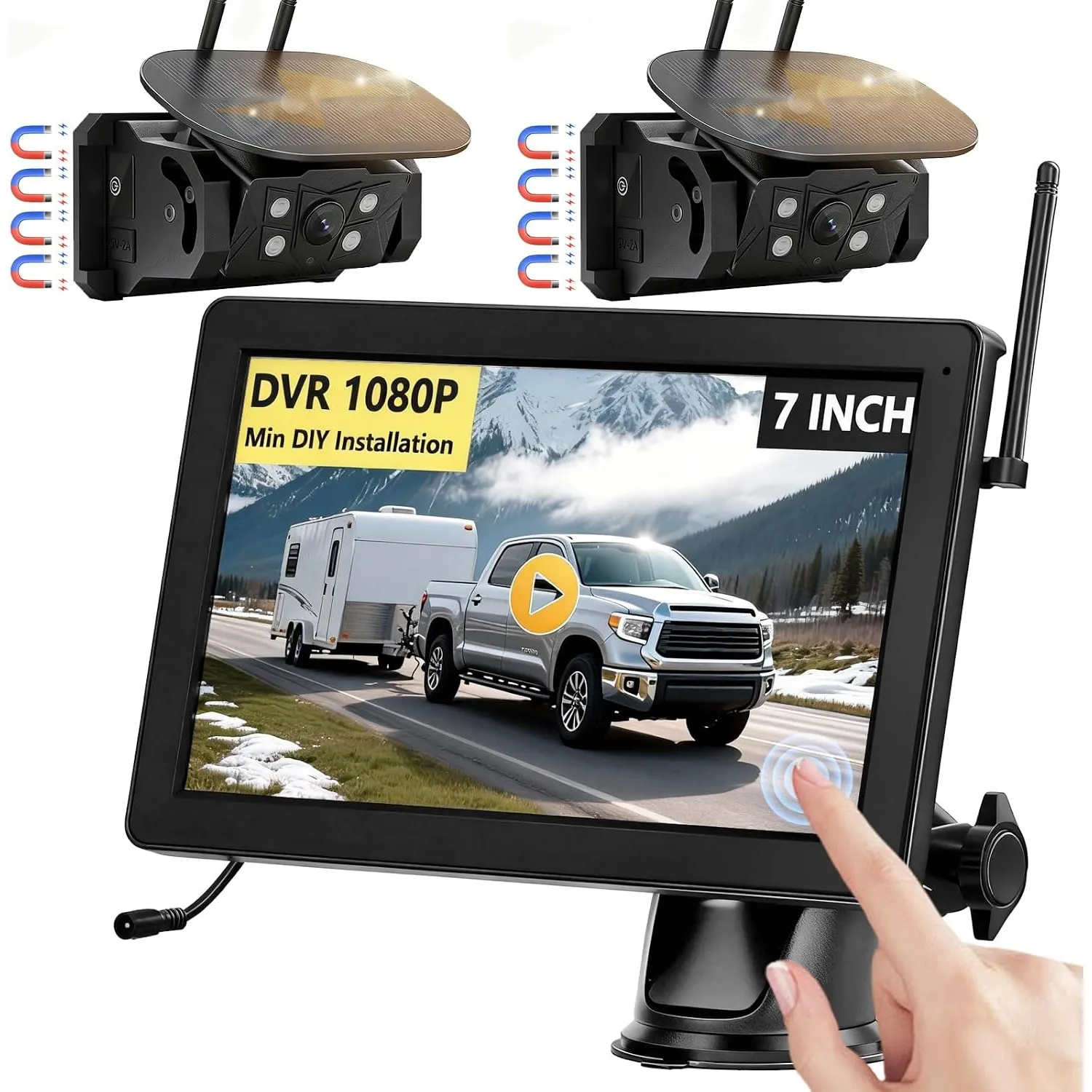 Rückfahrkamera Kabellos Solar Magnetische Rückfahrkamera Funk VASTEND 7'' 1080P Touchscreen IPS Monitor, 9600mAh Akku, …