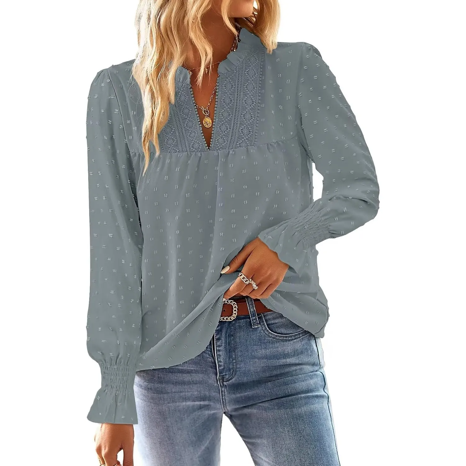 Langarmshirt Damen Boho Bluse Elegant Top Oberteile V-Ausschnitt