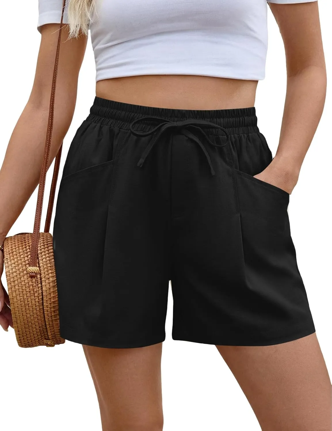 Rapbin Women's Summer Linen Cotton Elasticated High Waist Lightweight Shorts Linen Trousers Summer Shorts Women's Short…