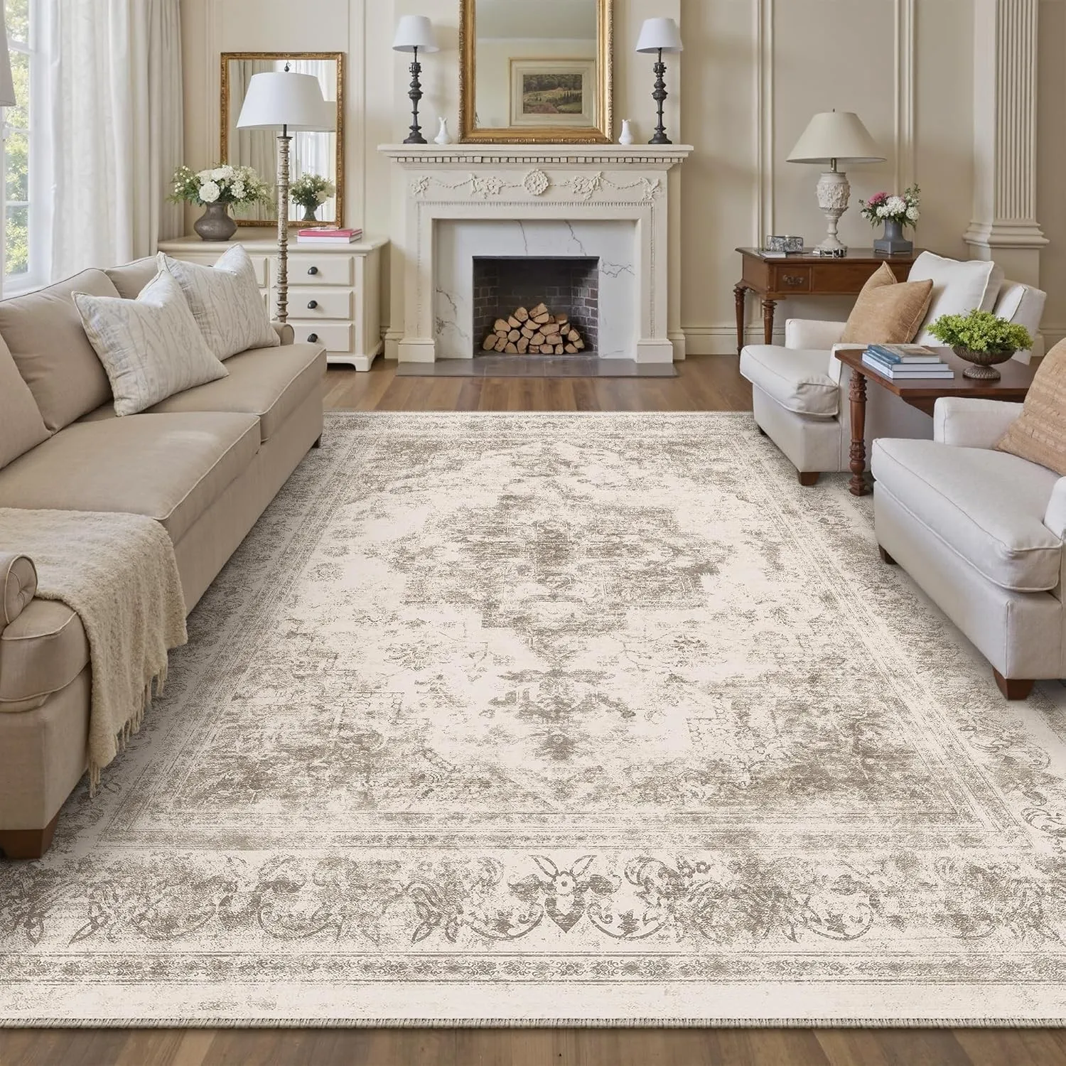 HUGEAR Beige Vintage Teppich Wohnzimmer 240x300cm Waschbar | Waschbarer Retro Teppich,Weich,Rutschfest Kurzflor,Groß,fü…