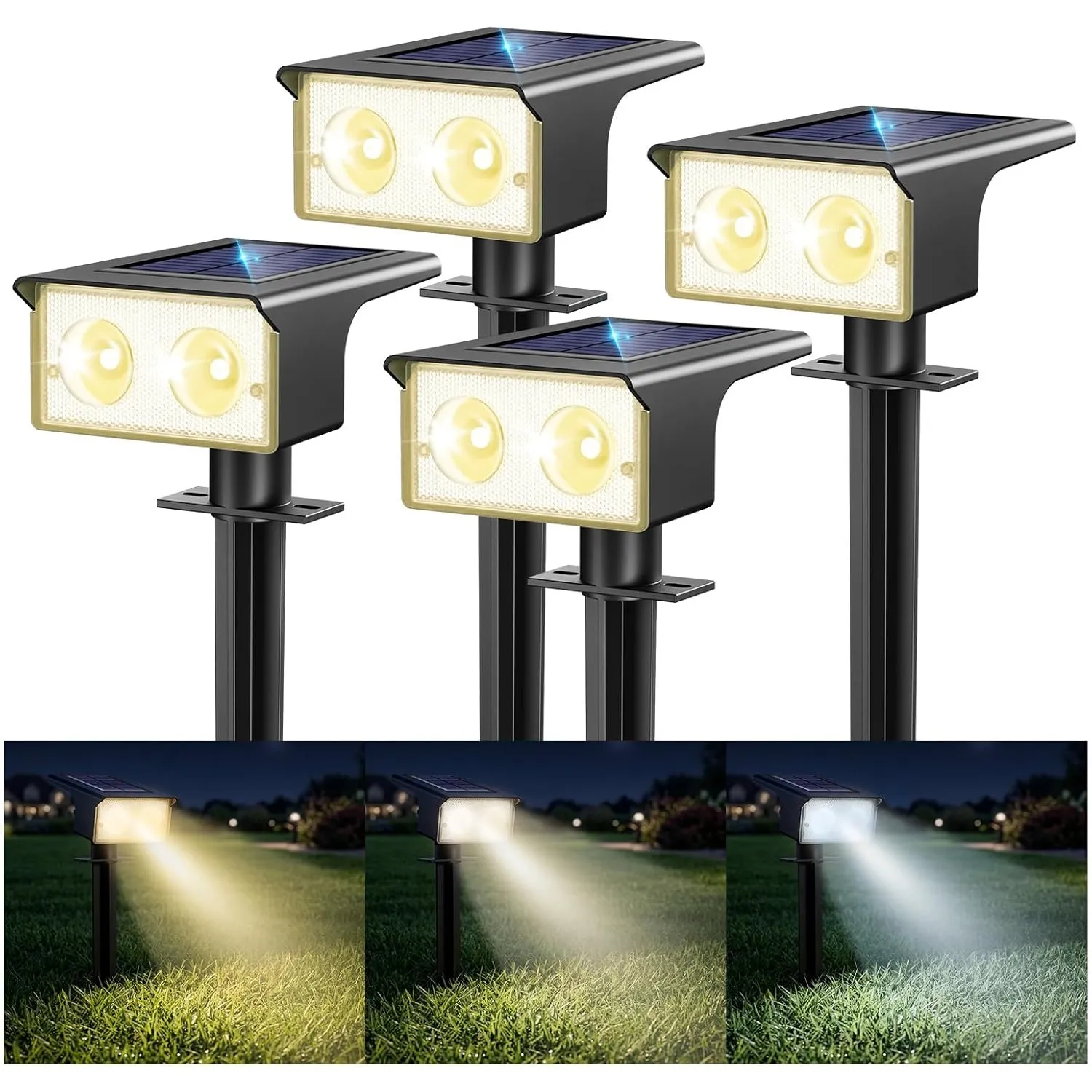 btfarm 4 Stück Solarlampen für Außen, 3000/4500/6000K Solarstrahler für Außen Garten 3 Farben IP65 Wasserdicht LED Sola…