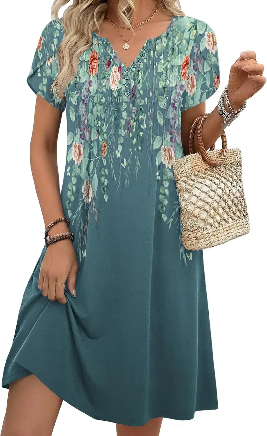 Zeagoo Kleid Damen Sommer Kurzarm V-Ausschnitt Tunikakleid Elegant A-Linie Blumenkleid Knielang Leicht Freizeitkleid mi…