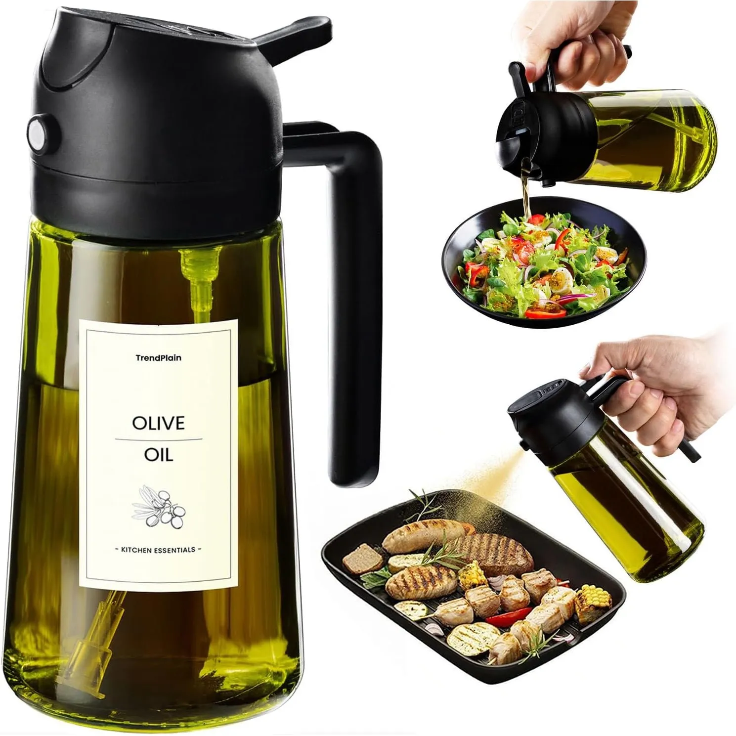 TrendPlain 16oz Ölsprüher für Speiseöl – 470ml Olivenöl Flasche – 2-in-1 Ölspender und Ölsprüher – Küchen Gadgets für K…