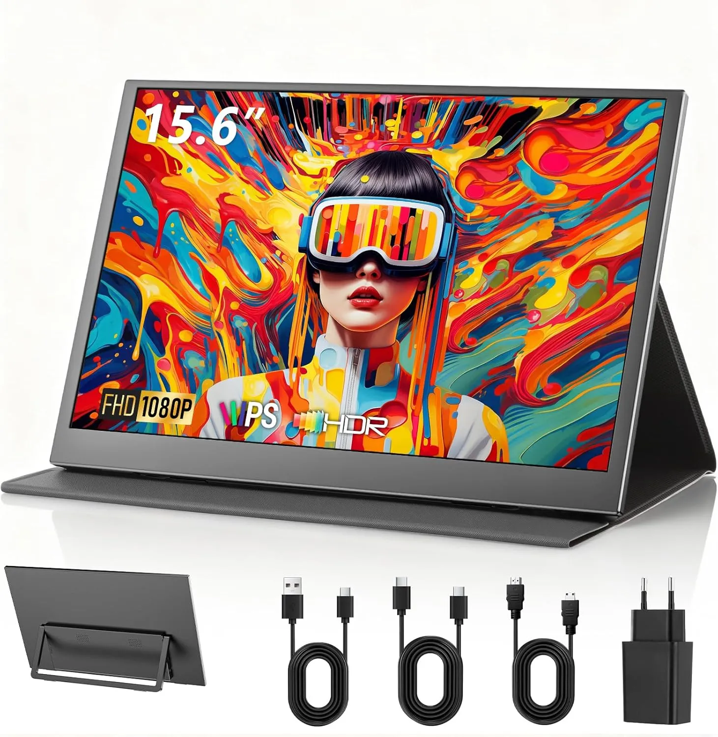 Monitor Portable 15,6 Zoll FHD 1080p IPS Entspiegelt | USB-C & Mini HDMI | Integrierte Lautsprecher & Schutzhülle mit S…