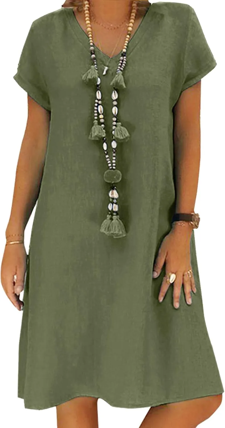 Summer Dress, Women's Linen Dresses, Casual, V-Neck Midi Dress, Short Sleeve A-line Dress, Beach Dress Without Accessor…