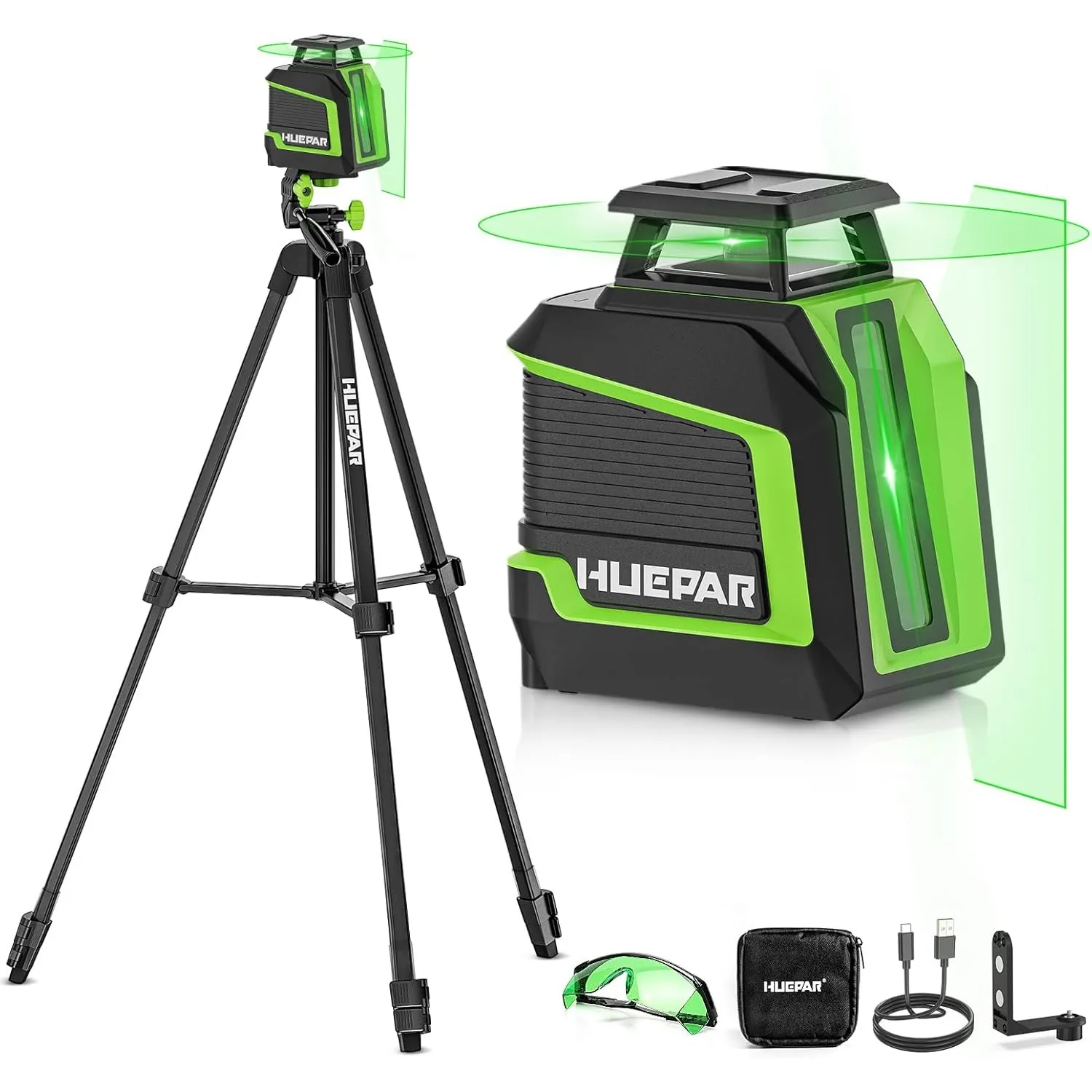 Huepar 360° Laser Wasserwaage mit 152 cm Stativ, Kreuzlinienlaser grün | Pulsmodus, 3 Helligkeitsstufen, Magnetische Ha…