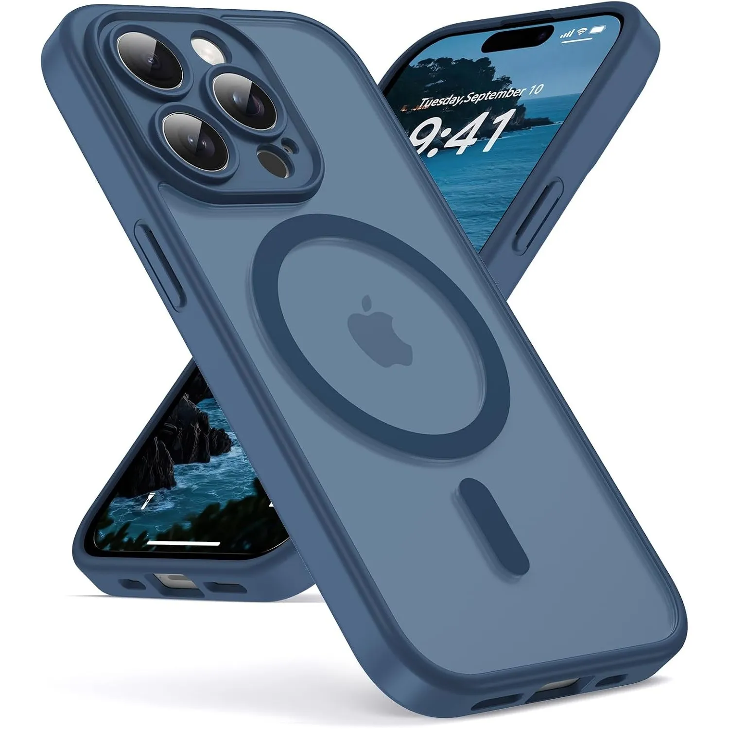 Oududianzi-Magnetisch Hülle für iPhone 14 Pro Max mit Magsafe, Blau | Durchscheinende Mattierte PC Rückseite TPU Siliko…