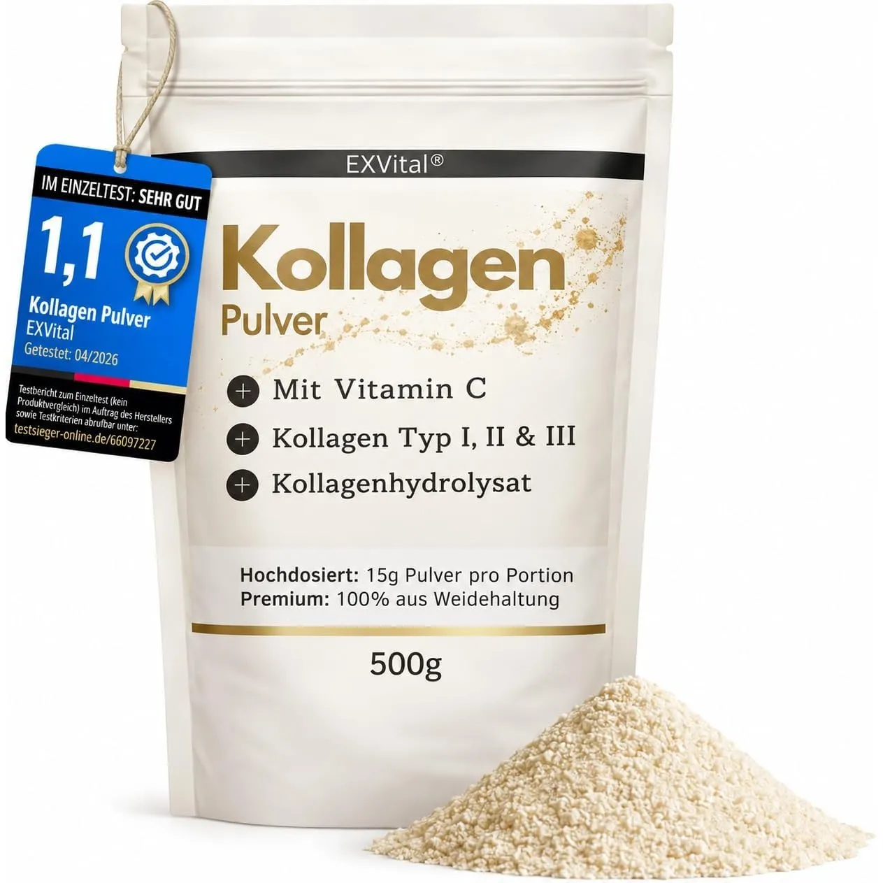 Kollagen Pulver 500 Gramm - Mit Vitamin C, bioaktives Kollagenhydrolysat Peptide, Eiweiss Pulver- Geschmacksneutral, Ko…