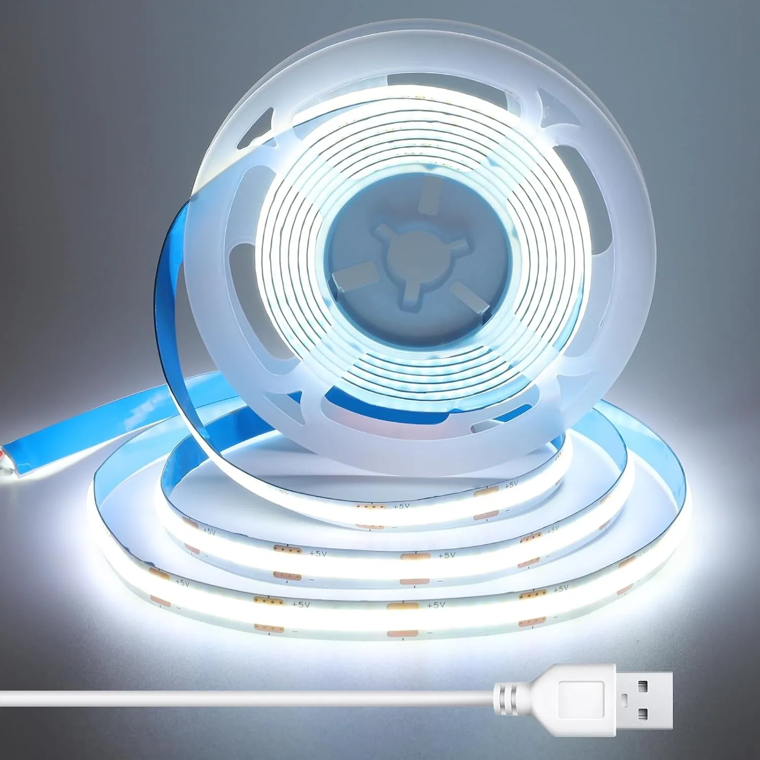 COB LED Streifen 3m USB, 8mm, CRI 92, 1.5m Kabel, 5V, Kaltweiß, 6000K