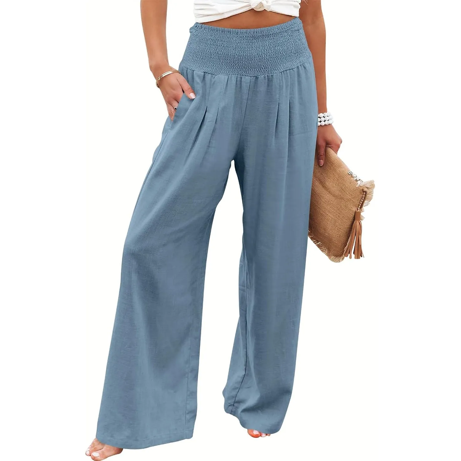 Imuedaen Leinenhose Damen Sommer Hose Casual Leinen Leicht Hosen Weites Bein Palazzo Freizeithose Hohe Taille Einfarbig…
