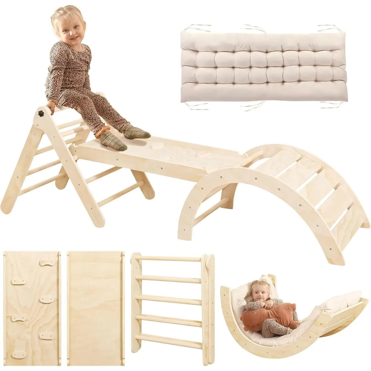 7-in-1 Montessori Kletterdreieck Set mit Rutsche, Kletterbogen & weichem Kissen – Holz Klettergerüst für Babys & Kleink…