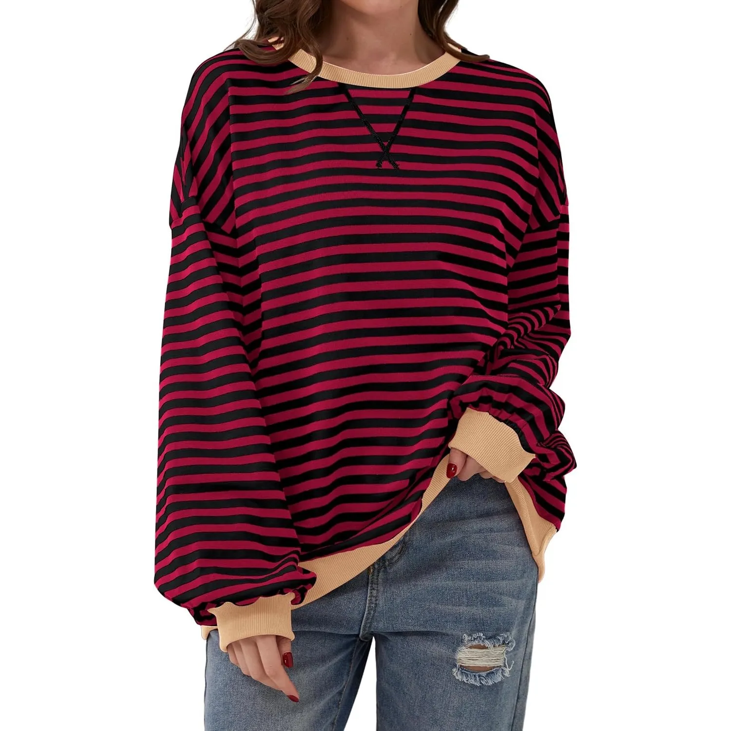 DUOEASE Pullover Damen Streifen Oversize Pullover Langarm Herbst Rundhals Sweatshirt Y2K Oberteile