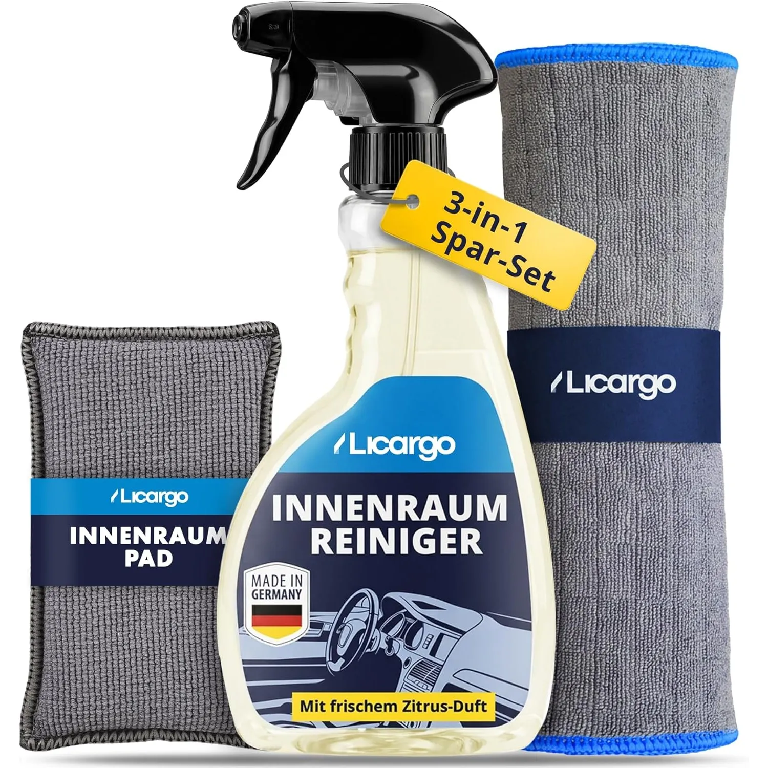 LICARGO Auto Innenraum Reiniger Set – Innenraumreiniger (500ml) + Innenraum-Pad + 380GSM Mikrofasertuch – für Kunststof…