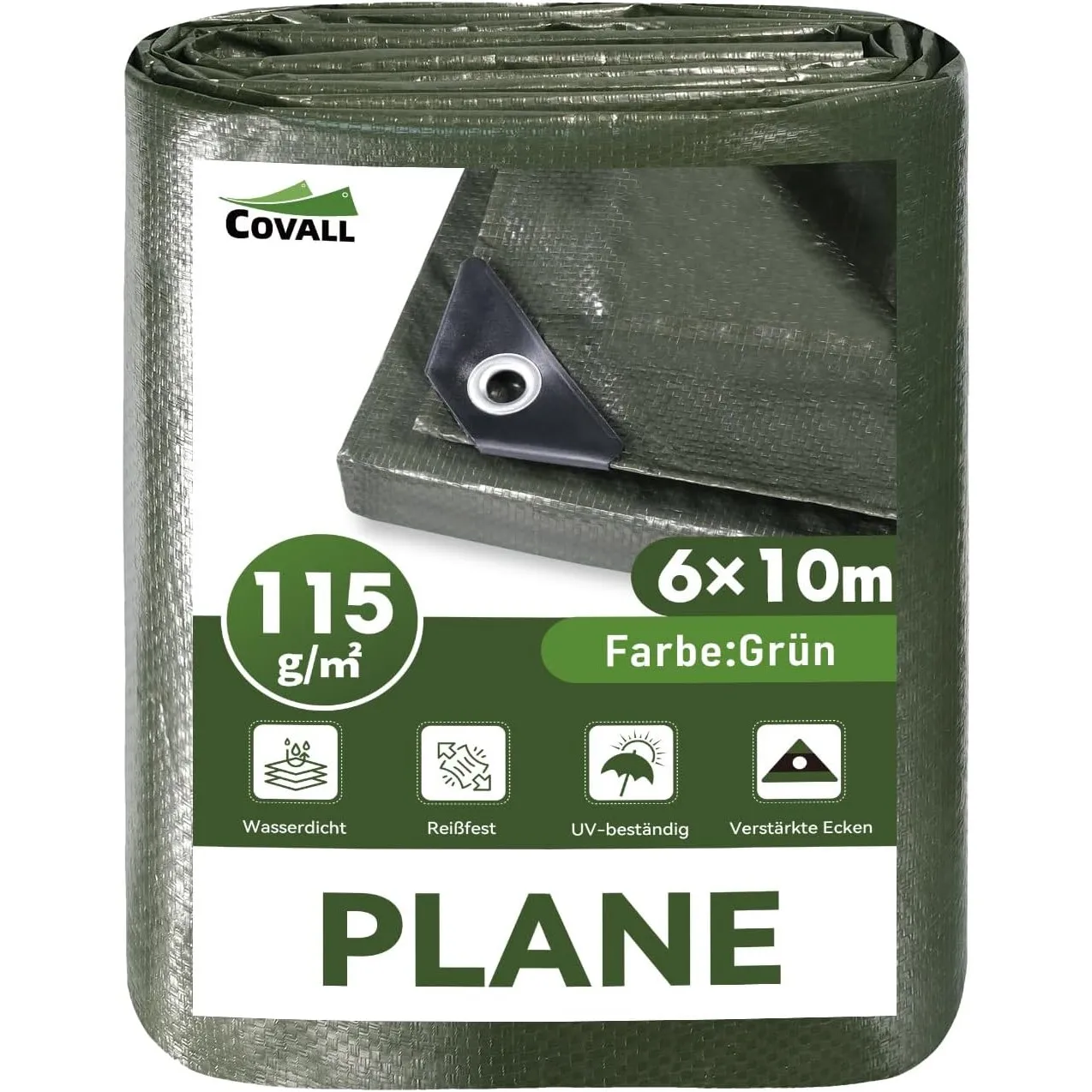 Abdeckplane Grün 6x10 m,Wasserdicht 115g/m²,Robust & verschleißfest
